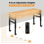 Betterhood 60" Adjustable Workbench for Garage, Rubber Wood Shop Table W/Wheels & Double Pegboards & Drawer, 2000 LBS Load Capacity Hardwood Worktable for Workshop, Garage, Office, Home, Commercial