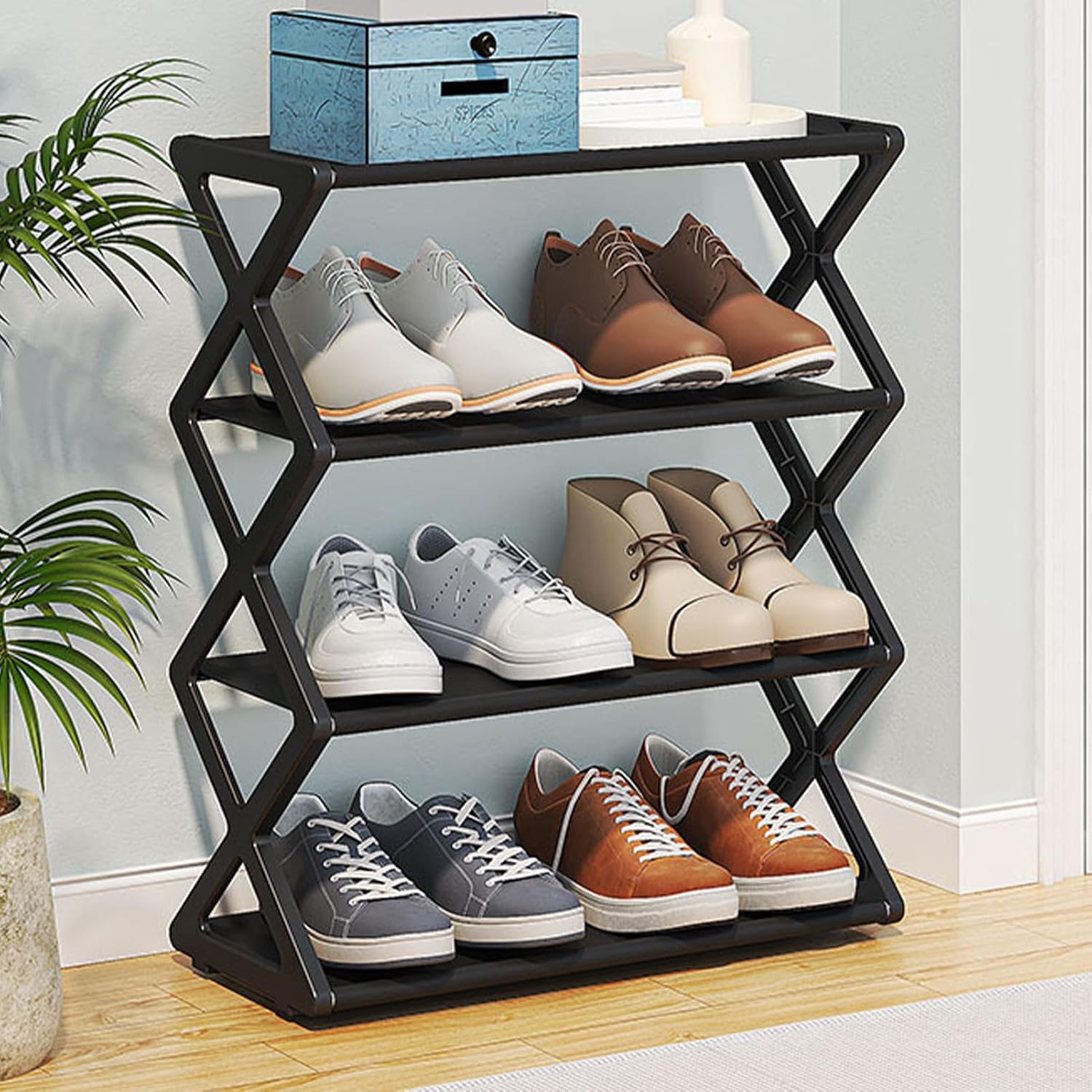 4 Tier Foldable Shoe Rack, Standing Shoe Storage Organizer with No Tool Assembly for Hallway Entryway Bedroom (Black)