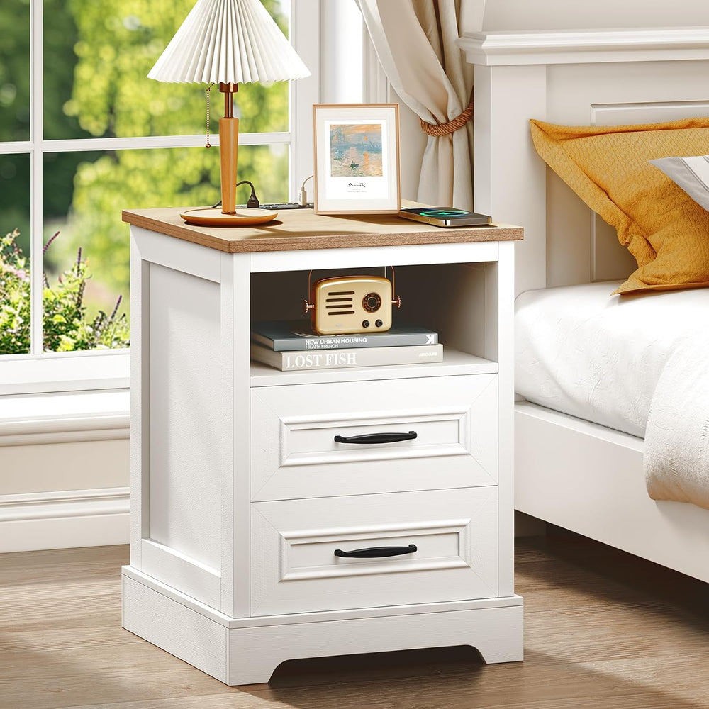 Farmhouse Nightstand with Charging Station, Wood Night Stand with Drawers, Be...