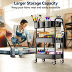 YASONIC 3 Tier Rolling Cart - Metal Utility Cart with Wheels, Hanging Cups, Hooks, Heavy Duty Mesh Rolling Storage Cart Organizer, Craft Cart for Kitchen Office, Lightweight and Sturdy