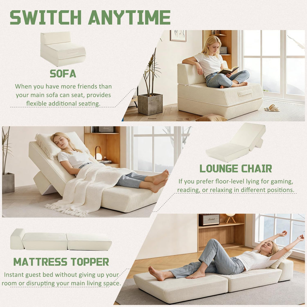 Trenda Folding Chair Bed, 16lbs Convertible Sleeper Chair Sofa Bed, Beige | 3-in-1 folding chair bed with solid foam, washable cover and handle. Converts to sofa, lounger & guest bed for small spaces.