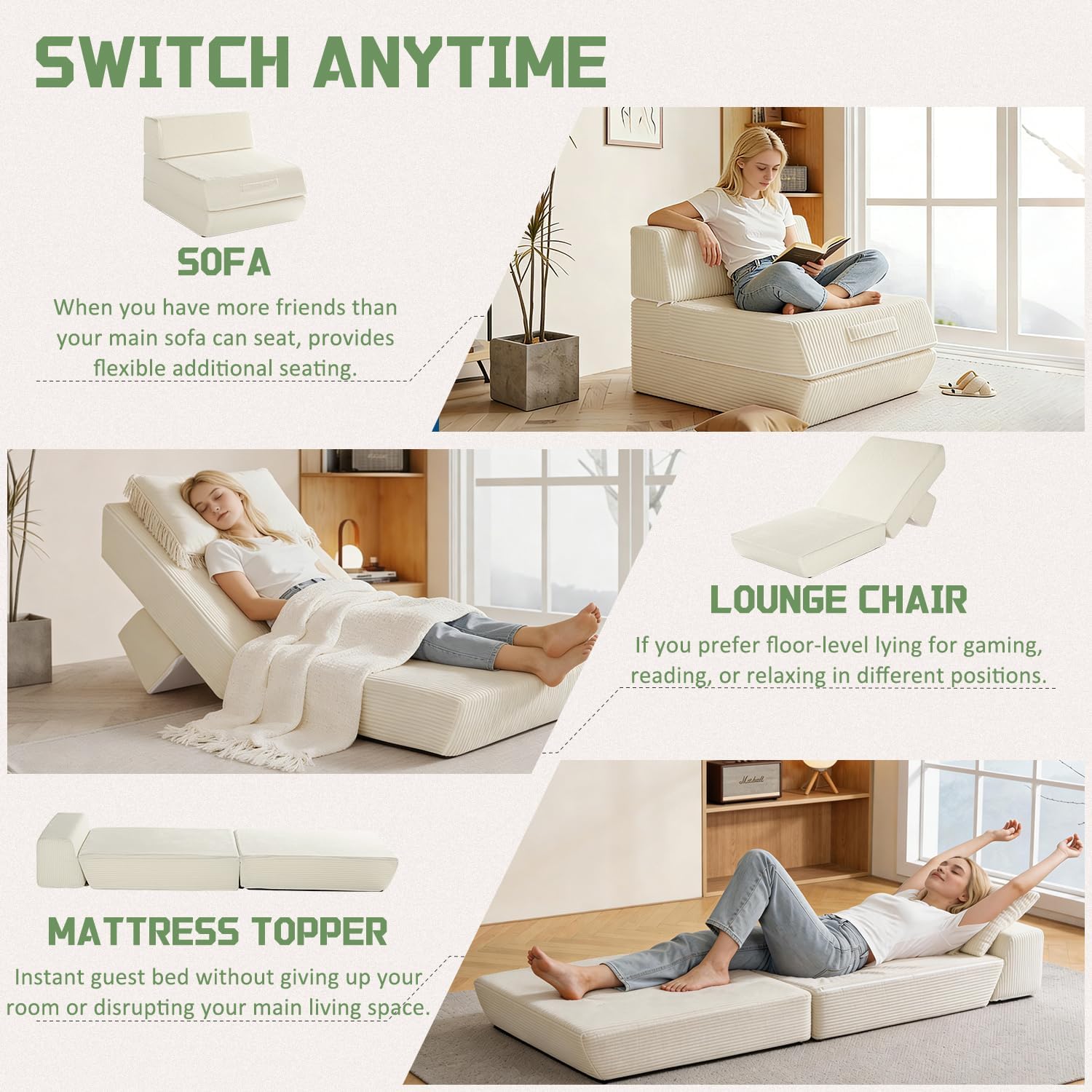 Trenda Folding Chair Bed, 16lbs Convertible Sleeper Chair Sofa Bed, Beige | 3-in-1 folding chair bed with solid foam, washable cover and handle. Converts to sofa, lounger & guest bed for small spaces.