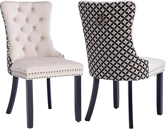 Modern Dining Chairs Set of 2, Tufted Upholstered Dining Chair with Solid Wood Legs, Two-Tone Velvet Accent Chair, Sillas de Comedor, Comfy Kitchen Chairs (Beige+Pattern, 2Pcs)