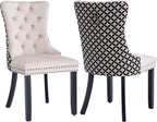 Modern Dining Chairs Set of 2, Tufted Upholstered Dining Chair with Solid Wood Legs, Two-Tone Velvet Accent Chair, Sillas de Comedor, Comfy Kitchen Chairs (Beige+Pattern, 2Pcs)