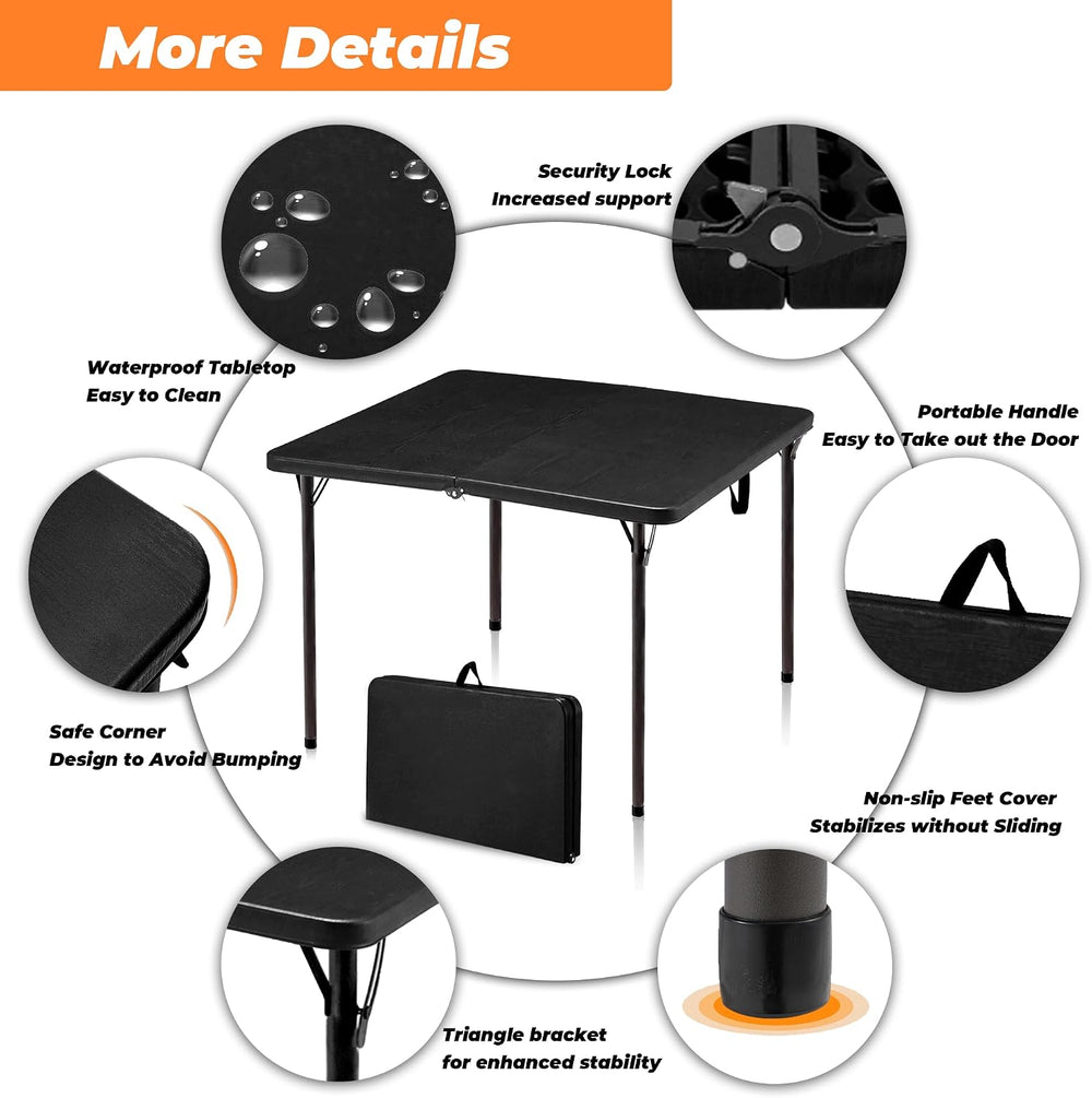 34" Folding Table, Portable Square Camping Card Table with Collapsible L...