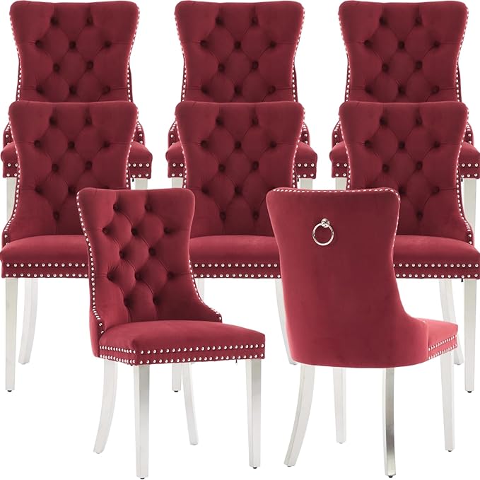 Mid Century Modern Dining Chairs Set of 8, Velvet Upholstered Kitchen & Dining Room Chairs with Nailhead Trim & Brushed Silver Metal Legs, Tufted Kitchen Chairs, Elegant Sillas De Comedor (Red, 8 Pcs)
