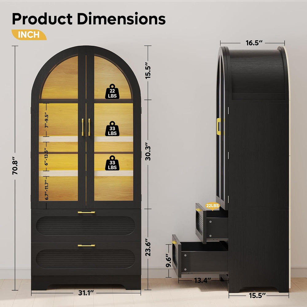 Bestier 71" Arched Kitchen Pantry Cabinet with LED Lights, 15.7" De...