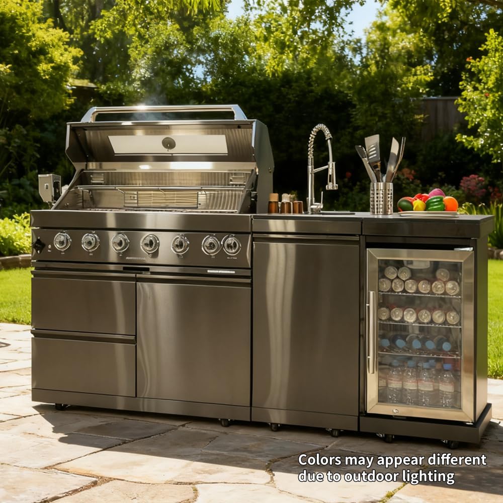 82 Inch 304 Stainless Steel Outdoor Integrated BBQ Kitchen Station (Black) | ...