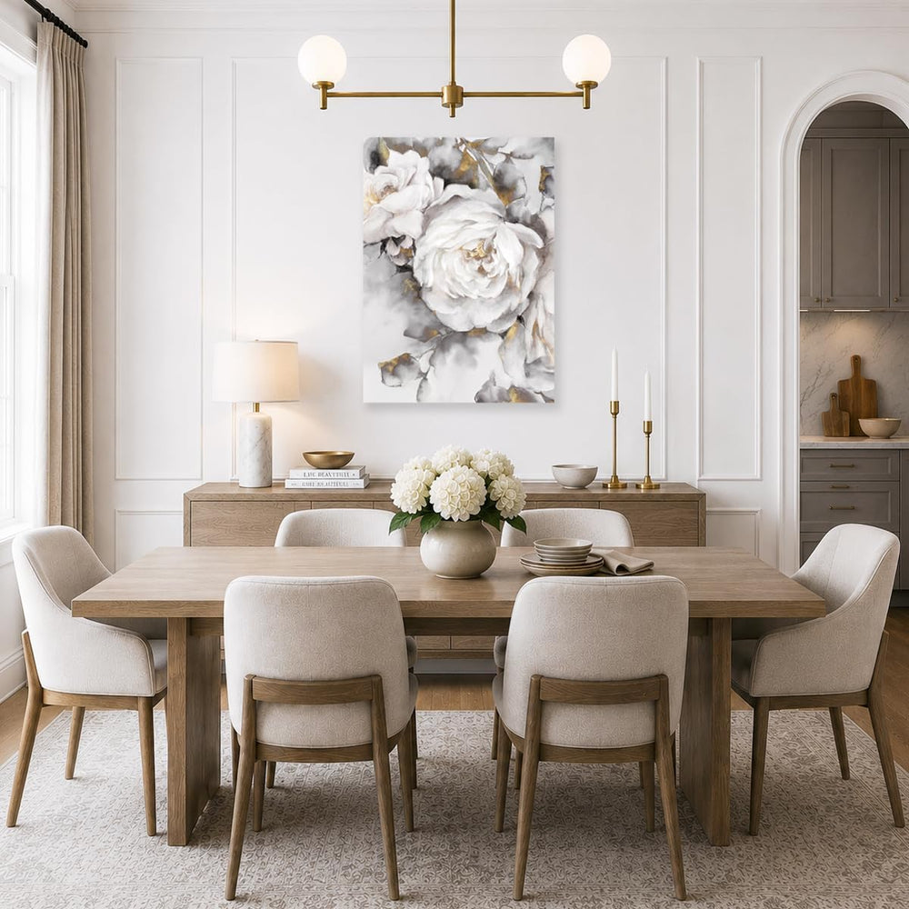 Floral Wall Decor White and Grey Blooming Rose Flower with Gold Canvas Wall A...