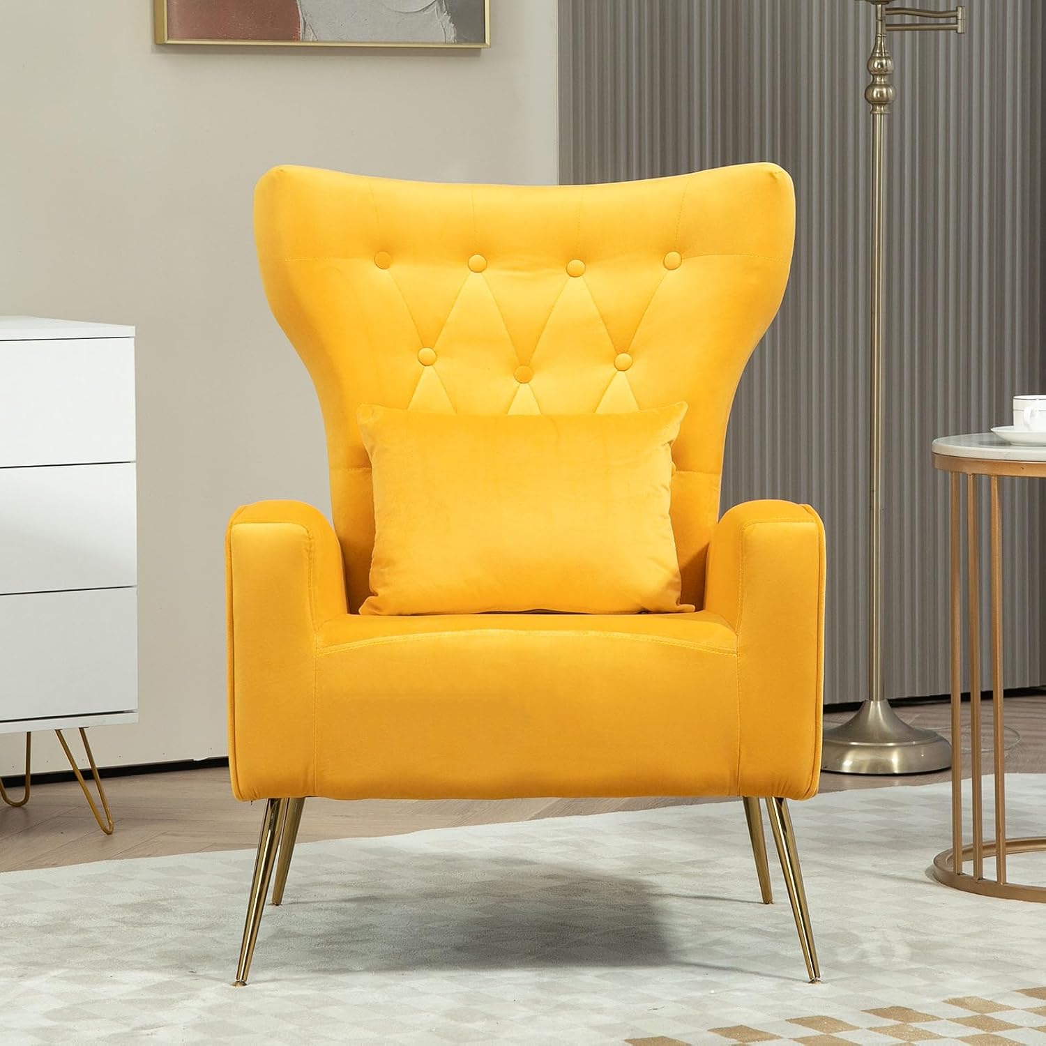 Button-Tufted Velvet Accent Chairs Set of 2, Mid Century Modern Living Room Chair with High Wingback, Upholstered Arm Chair with Metal Gold Legs for Bedroom, Club, Yellow