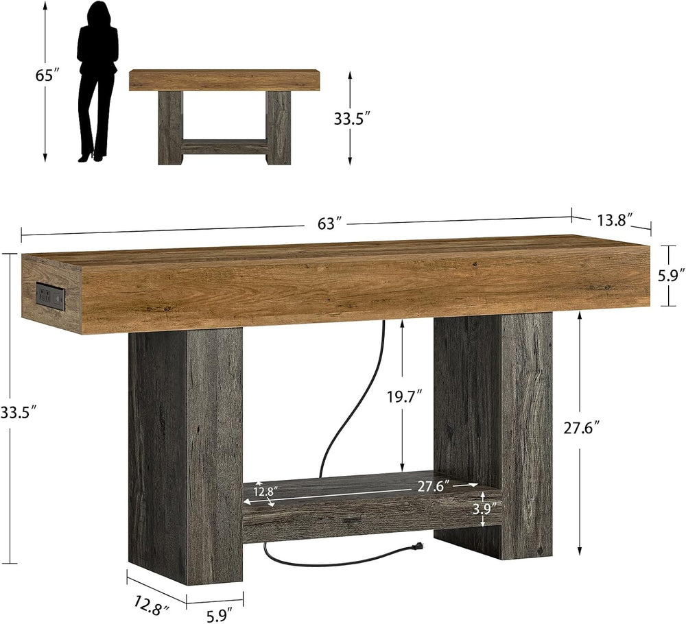 63" Entryway Table with Smart RGB Lights and Charging Station, Narrow Co...
