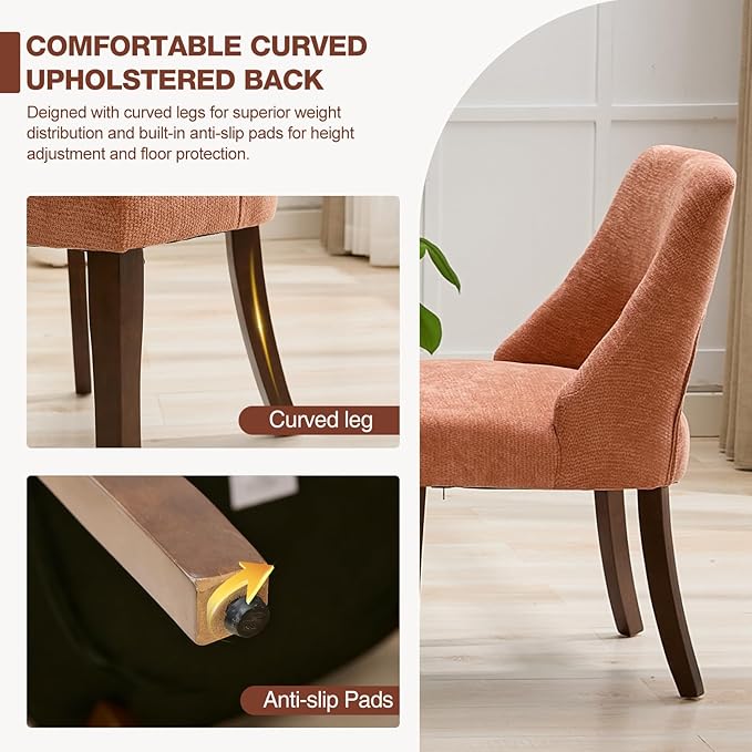 UVV Wooden Dining Chairs Set of 2, Mid Century Modern Upholstered Dining Room Chair Kitchen Chairs, Chenille Dinner Chair with Solid Wood Legs for Kitchen Dining Room, Orange