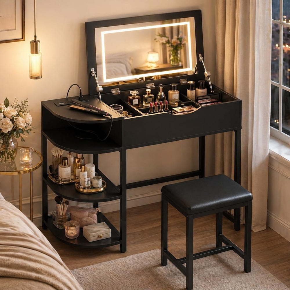 Cyclysio Vanity Desk with Flip Top Mirror and Lights, Black | Makeup Vanity D...