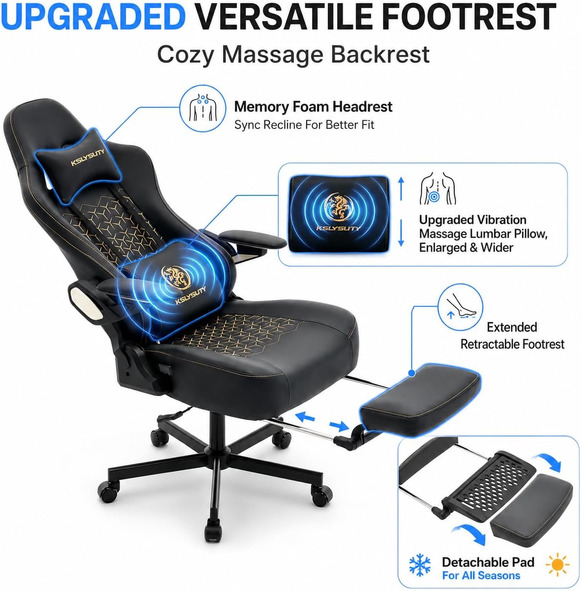 Ergonomic Gaming Chair for Adults - Big and Tall Desk Chair with Lumbar Support and Mechanical Arm Armrests, Comfortable Gamer Computer Chair, Gaming Chairs with Footrest (Black Leather)