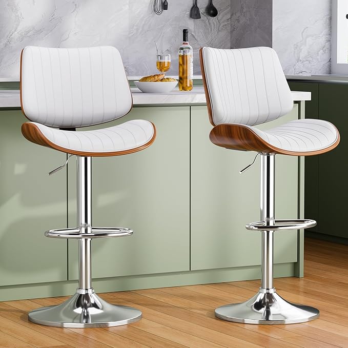 Swivel Bar Stools Set of 1, Adjustable Bentwood Barstools for Kitchen Counter, Modern PU Leather Upholstered Bar Chair with Back and Footrest, for Kitchen Island, Bar, Dining Room, White