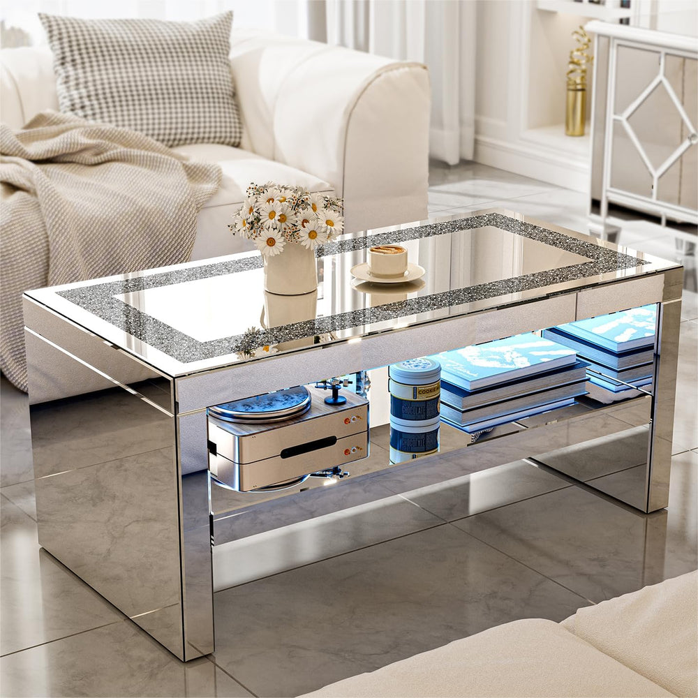 IKIFLY Mirrored Coffee Table with Mirror Crystal Board, Glass Rectangle End T...