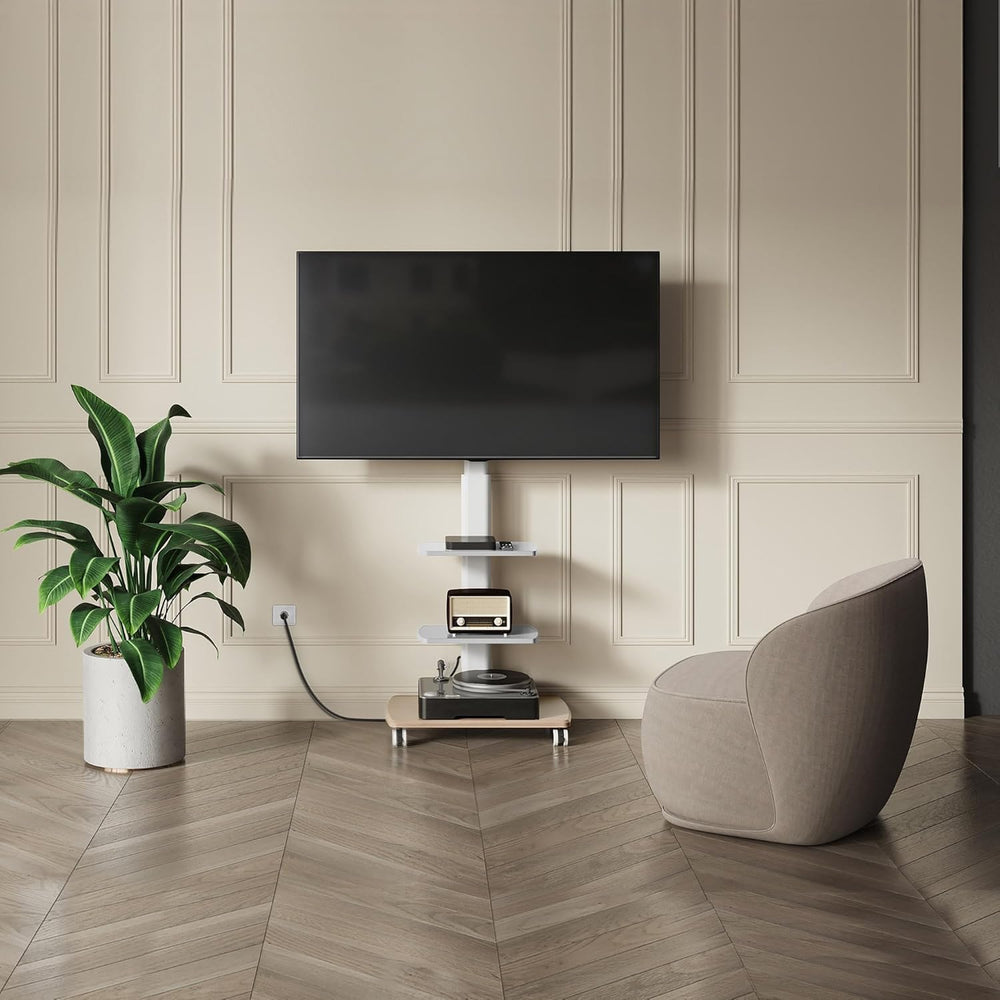 FITUEYES Rolling TV Stand with Power Outlets, for 32-75 InchTVs, White | Swiv...