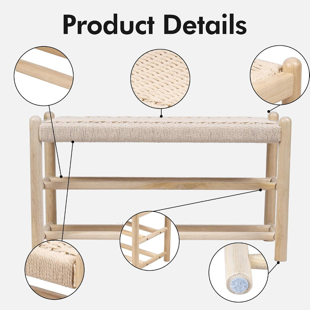 Solid Wood Entryway Bench with Shoe Storage, Rustic Oak Wood and Woven Design 31.5 Inch Long Seating for Living and Dining Rooms, 3-Tier Nature
