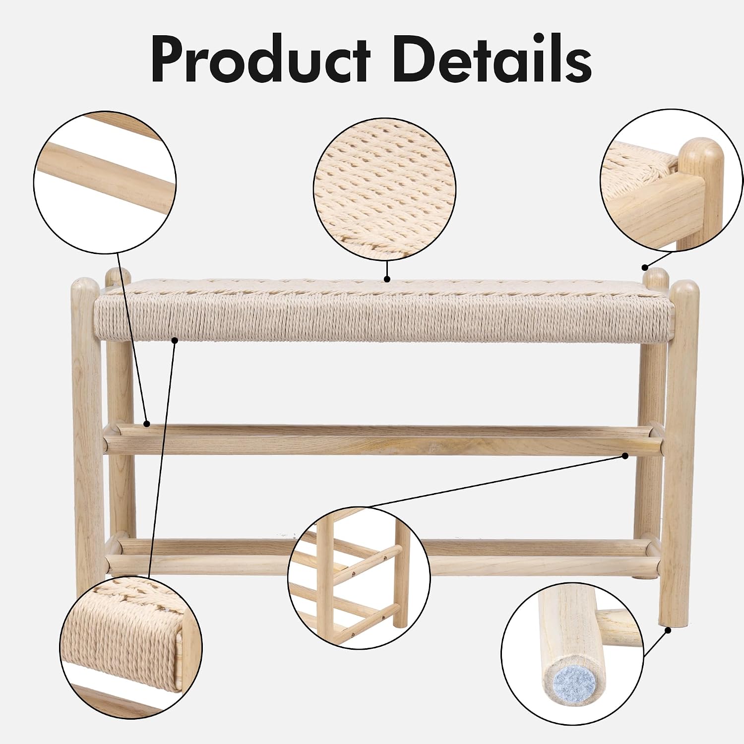 Solid Wood Entryway Bench with Shoe Storage, Rustic Oak Wood and Woven Design 31.5 Inch Long Seating for Living and Dining Rooms, 3-Tier Nature