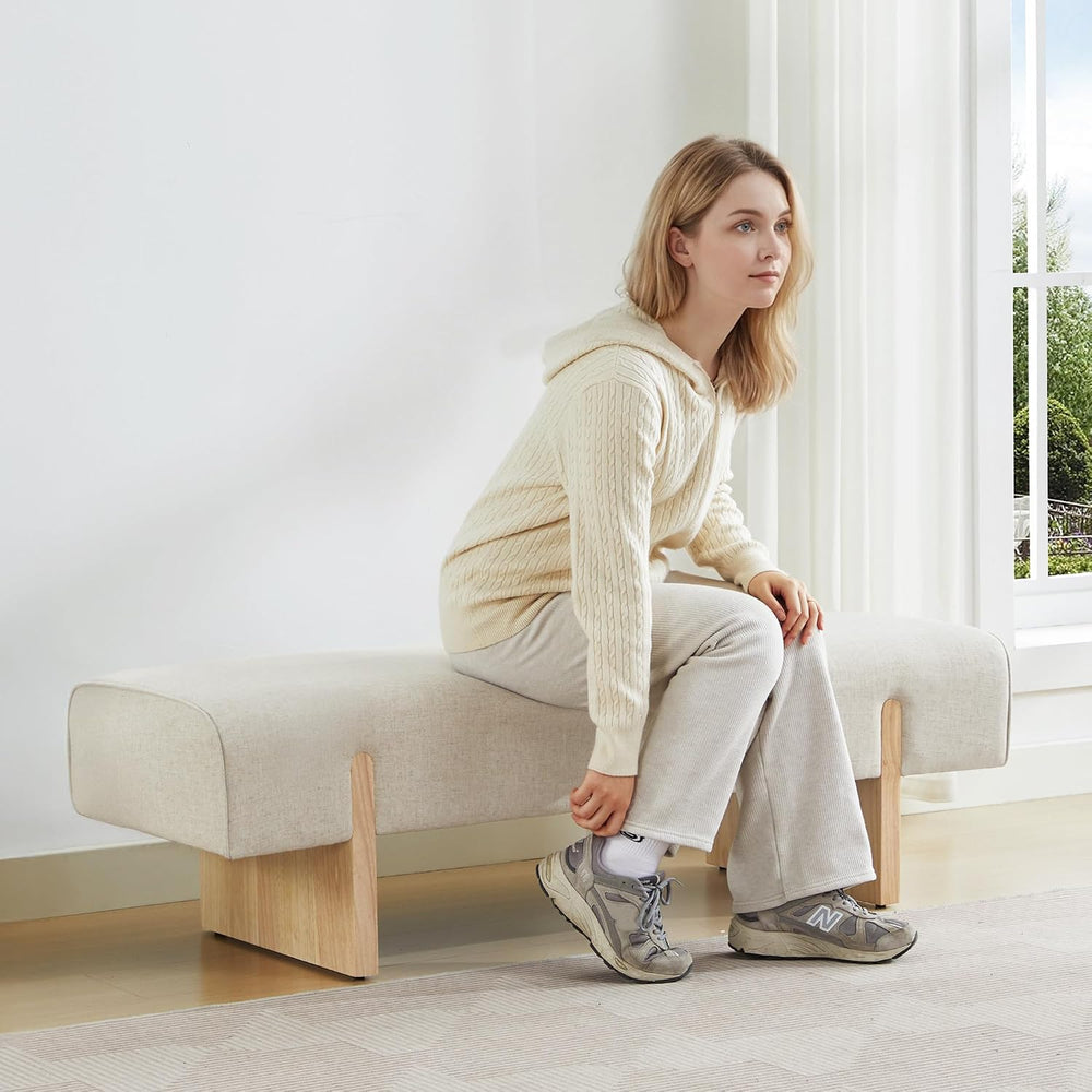 55’’ Upholstered End of Bed Bench, Linen Entryway Bench with Solid Wood Legs,...