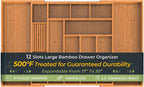Carbonized Large Bamboo Kitchen Drawer Organizer, 12 Slots Expandable Silverware Organizer, Utensil Holder & Cutlery Tray, 2.5" Deep for Extra Capacity, Non-Slip Feet Included