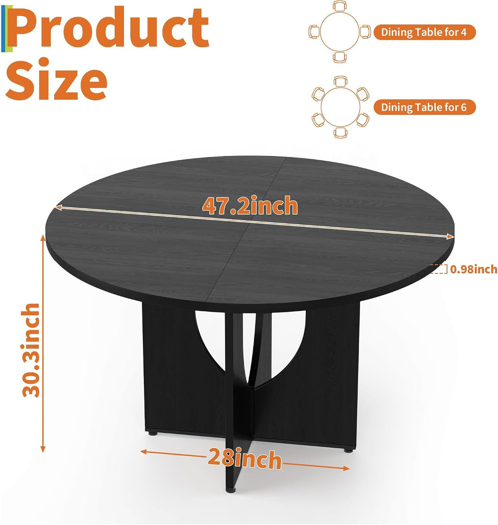 47 Inch Round Dining Table for 4-6, Modern Kitchen Table with Sturdy Wooden P...