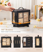 Homde Christmas Gifts Jewelry Box 360° Rotating, Necklace Earring Organizer with Transparent Window, Mirror, 7 Drawers, Large Ring Display Storage Case for Girls Women (Black)