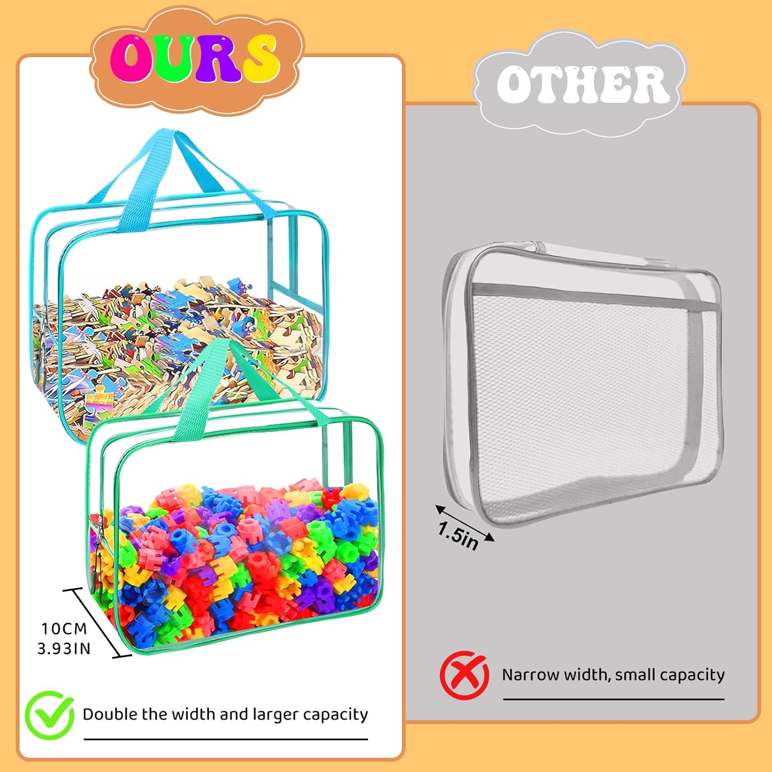 8 Packs 8 Colors Large Toy Storage Bags, Reusable Clear PVC Board Game Storage, Toy Organizers and Storage Bags with Zipper for Building Blocks, Puzzle and Handmade Accessories, Clear Toiletry Bag