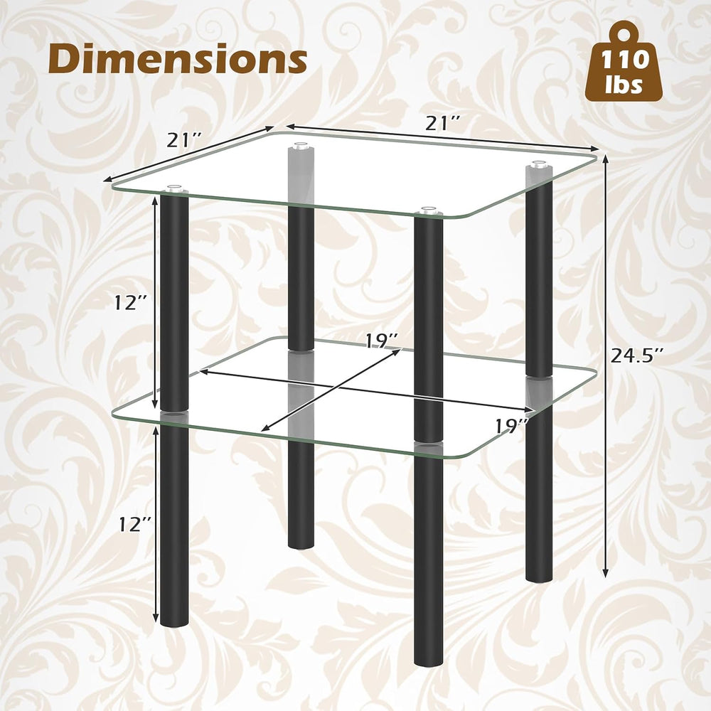 Giantex Square End Table, 2-Tier Sofa Side Table with Clear Tempered Glass To...