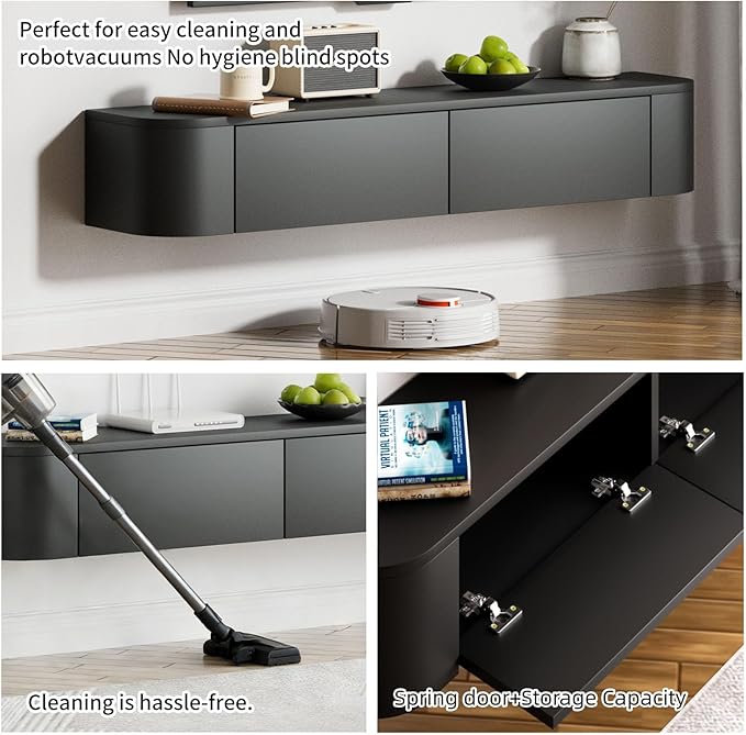 SHGJ&SOFT Floating TV Stand Wall Mounted Media Console with Door Entertainment Centerwith Storage Cabinets, Wall Mounted TV Shelf for Bedroom,Living Room (Black, 47.2IN)