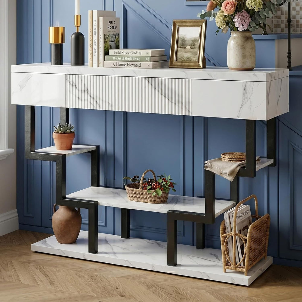 47.3" Console Table with Fluted Drawers, 3-Tier Modern Entryway Table wi...