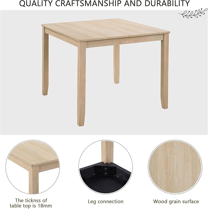 KEIKI 5-Piece Standard Height Dining Table Set with Square Table, 4 Upholstered Curved Backrest Chair, for 4 Person, Modern Style Table Set, Easy Assembly, for Kitchen, Dining Room, Light Oak+Beige