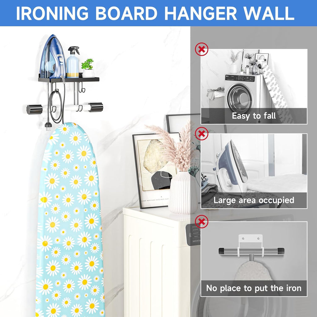 Ironing Board Holder Wall Mounted, Black Iron Holder for Laundry Room, Metal Iron Board Wall Hanger with Storage Shelf, Ironing Board Hooks for Laundry Room Livingroom Bathroom (Y or T Leg)