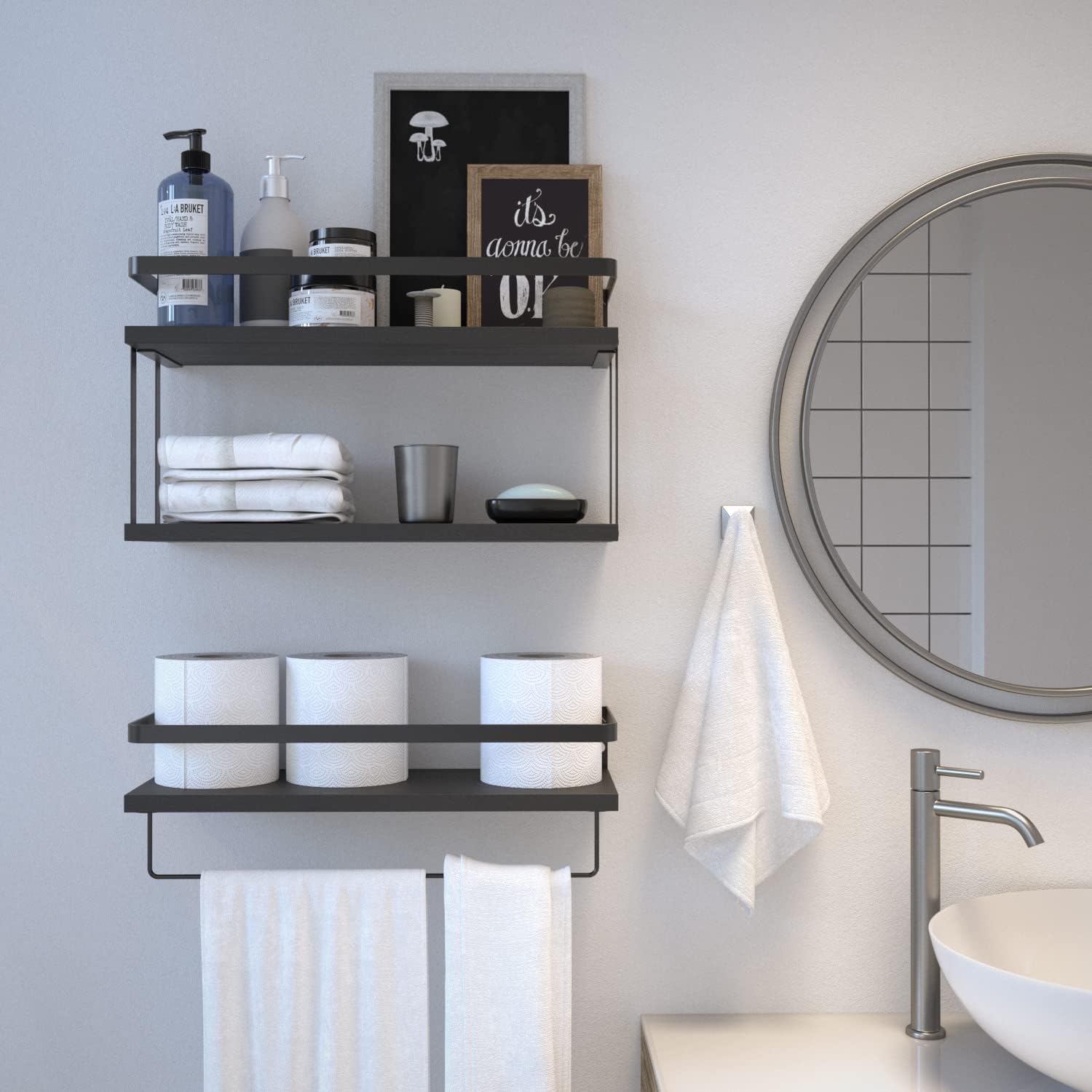 RICHER HOUSE 2+1 Tier Wall Mounted Floating Shelves Set of 2, Rustic Wood Wall Shelf with Metal Frame, Extra Storage Rack for Bathroom, Kitchen, Bedroom with Tissue Rack & Towel Bar - Black