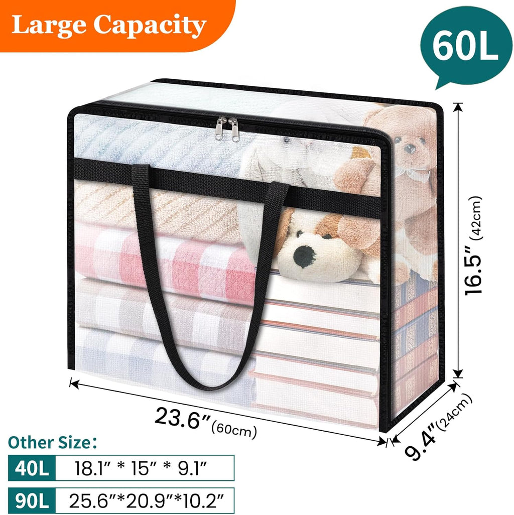 4 Pack Clear Storage Bags for Comforter, Clothes & Bedding, Plastic Blanket Storage with Zipper and Handle, Moving Bags, Closet Organizer and Under-Bed Storage (60L)