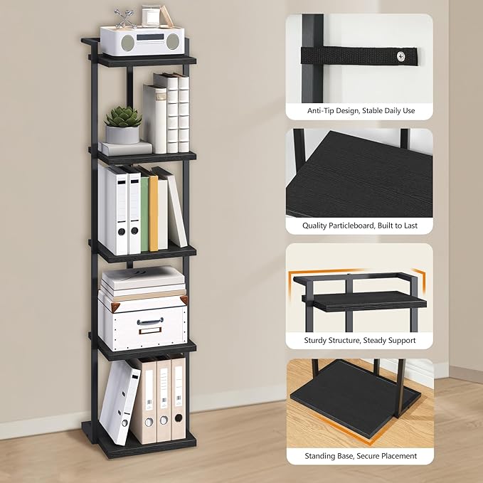 Bookshelf, 5-Tier Bookcase, Vertical Tall Narrow Book Shelf for Small Space, Open Storage Display Shelf with Stable Base & Anti-Tip Kits, for Living Room, Office, Study, Black BKBK11501