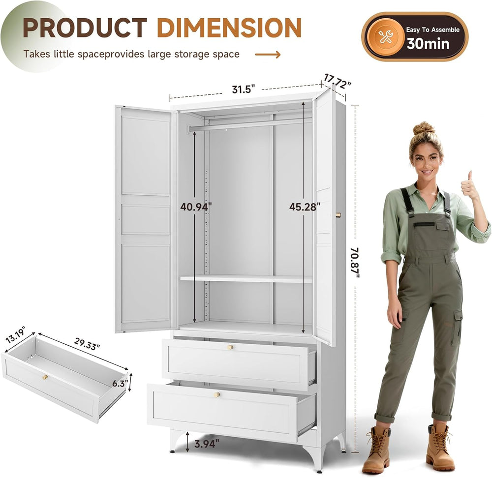 Letaya Metal Armoire Wardrobe Closet with Drawers,Clothing Storage Cabinet wi...