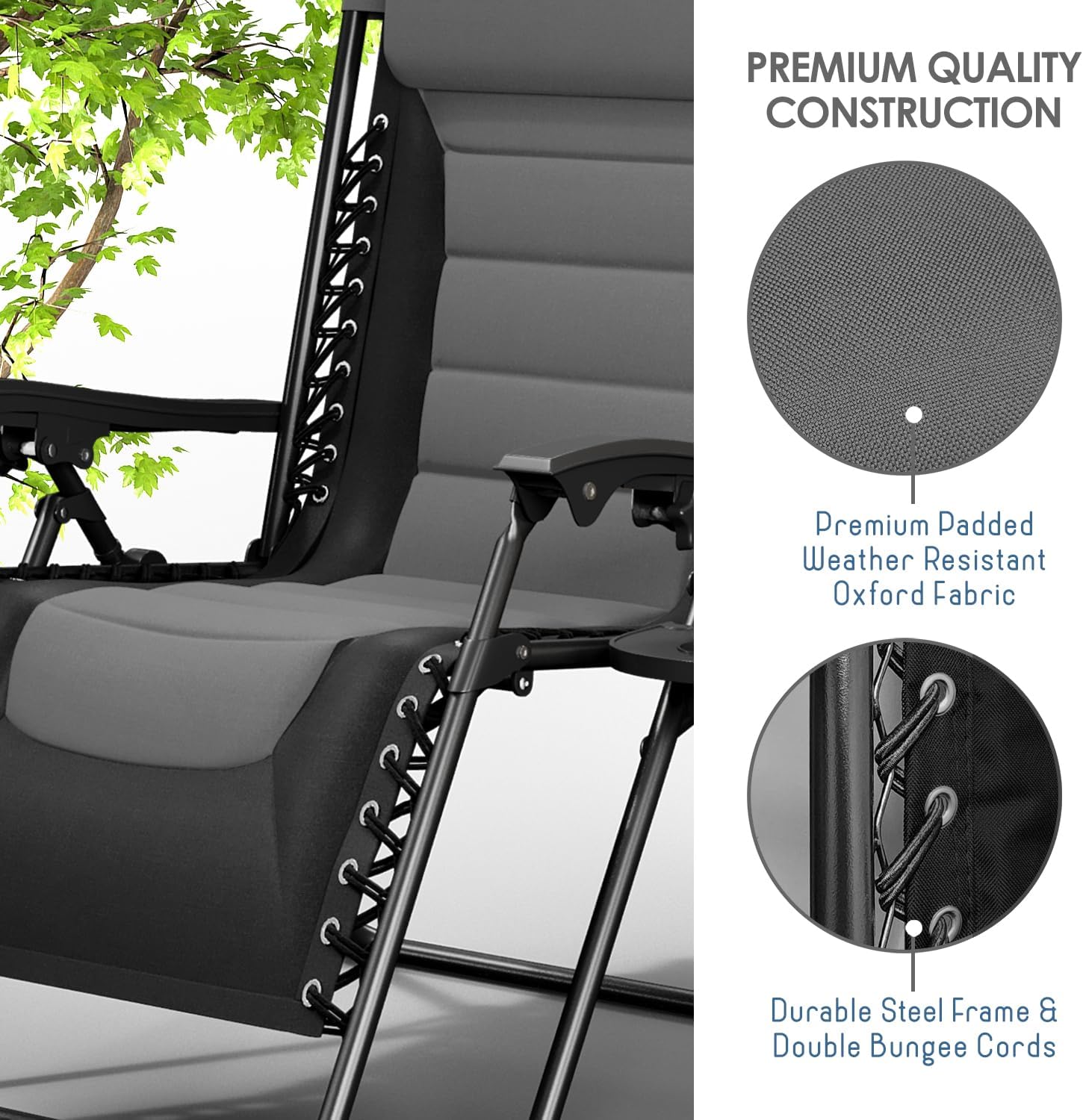 Nestl Padded Oversized Zero Gravity Chair, XL Folding Outdoor Lounge Chair | Adjustable Headrest, Cup Holder & Side Tray, Support 330 LBS, Anti Gravity Reclining, For Patio, Camping & Beach, Black/Grey