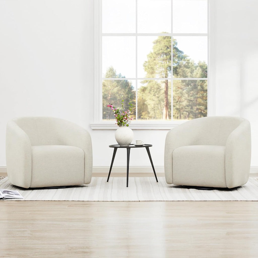 Watson & Whitely Swivel Accent Chairs Set of 2, Modern Upholstered Fabric Barrel Chair Armchair for Living Room, Bedroom, Fully Assembled, Fabric in Cream