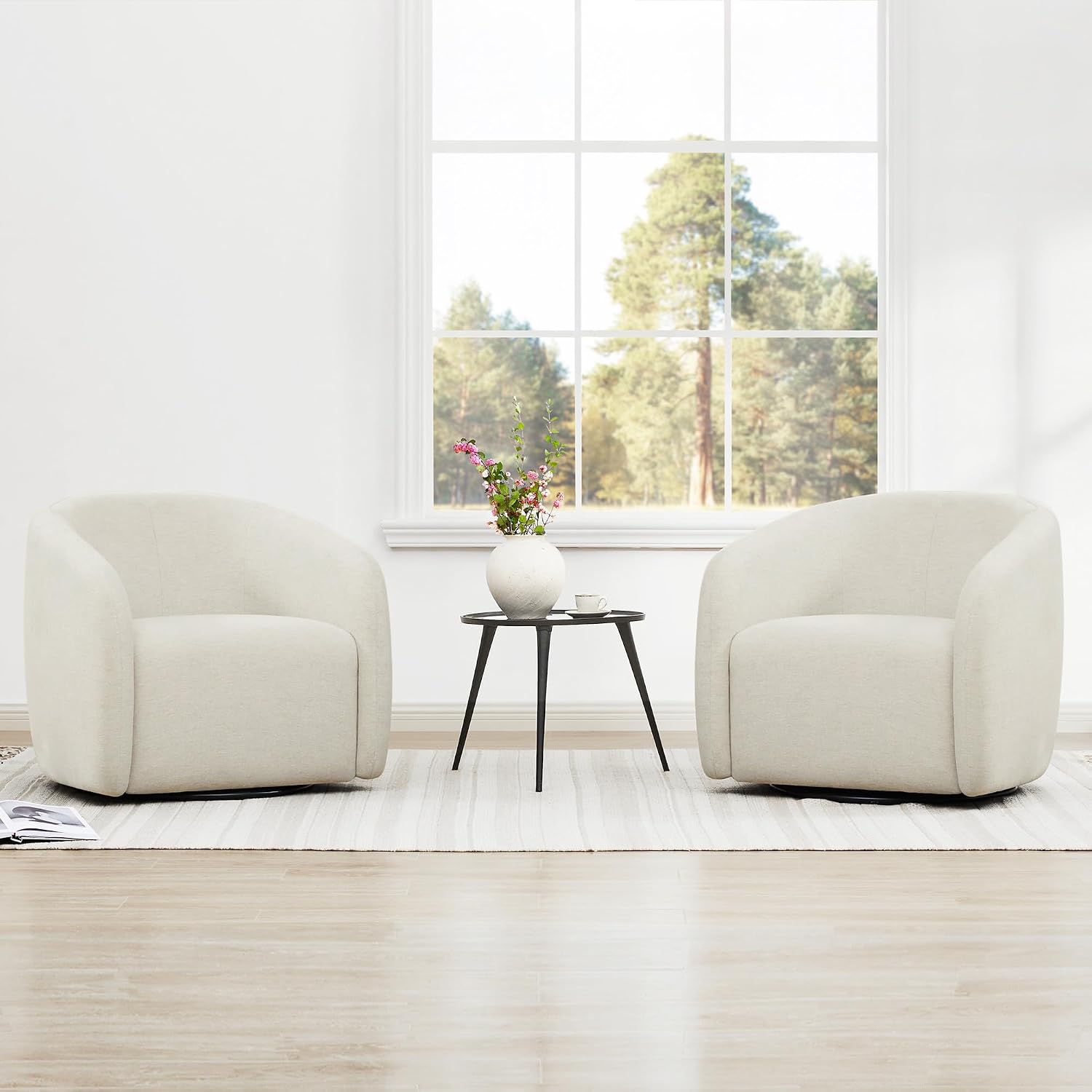 Watson & Whitely Swivel Accent Chairs Set of 2, Modern Upholstered Fabric Barrel Chair Armchair for Living Room, Bedroom, Fully Assembled, Fabric in Cream