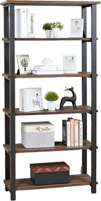 Pomona 6-Tier Bookcase – 70" Tall Solid Wood with Metal Frame Bookshelf – Durable Industrial Storage for Home Office, Living Room, or Bedroom by Alaterre Furniture (Brown Lacquer Finish)