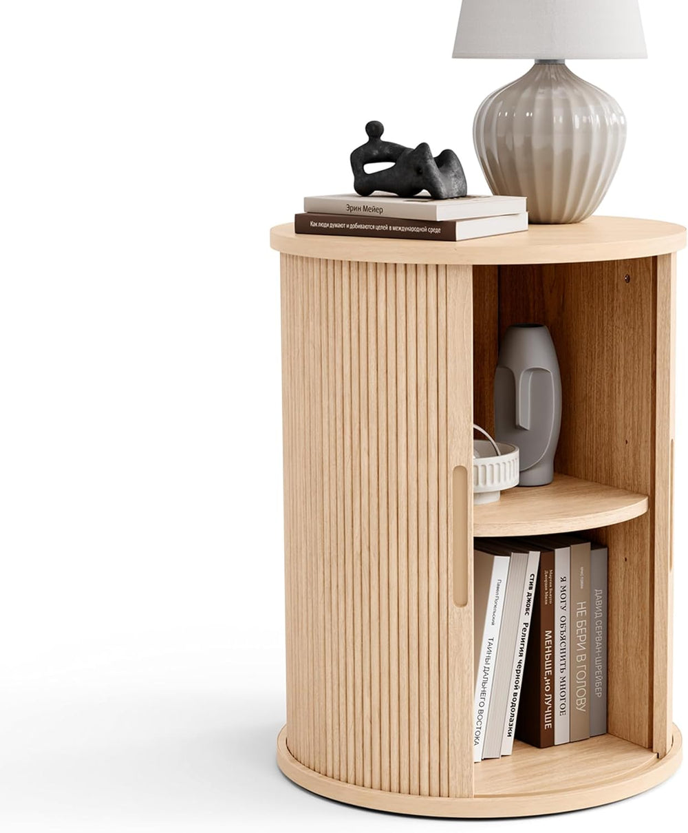 LINSY HOME Round Fluted End Table, Tall Side Table with Sliding Tambour Door ...