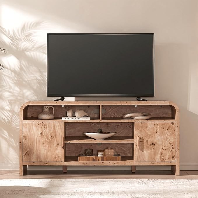 TV Stand for TVs Up to 65'' - [Unique Curved Profile, FSC-Certified Wooden Board] Entertainment Center with Adjustable Shelves and Storage Cabinet Modern Media Console for Living Room