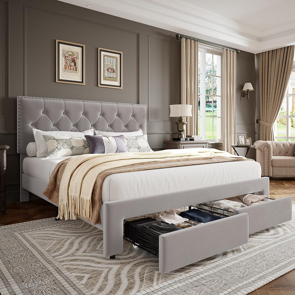 GarveeLife King Size Velvet Upholstered Bed Frame, 2 Storage Drawers with Smo...