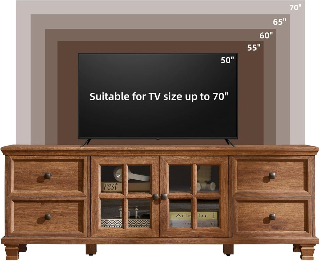 Farmhouse TV Stands for Living Room, Brown | Heavy-Duty Rustic Entertainment Center with 4 Drawers & Thickened Top & Square Wooden Legs for 65 Inch TV