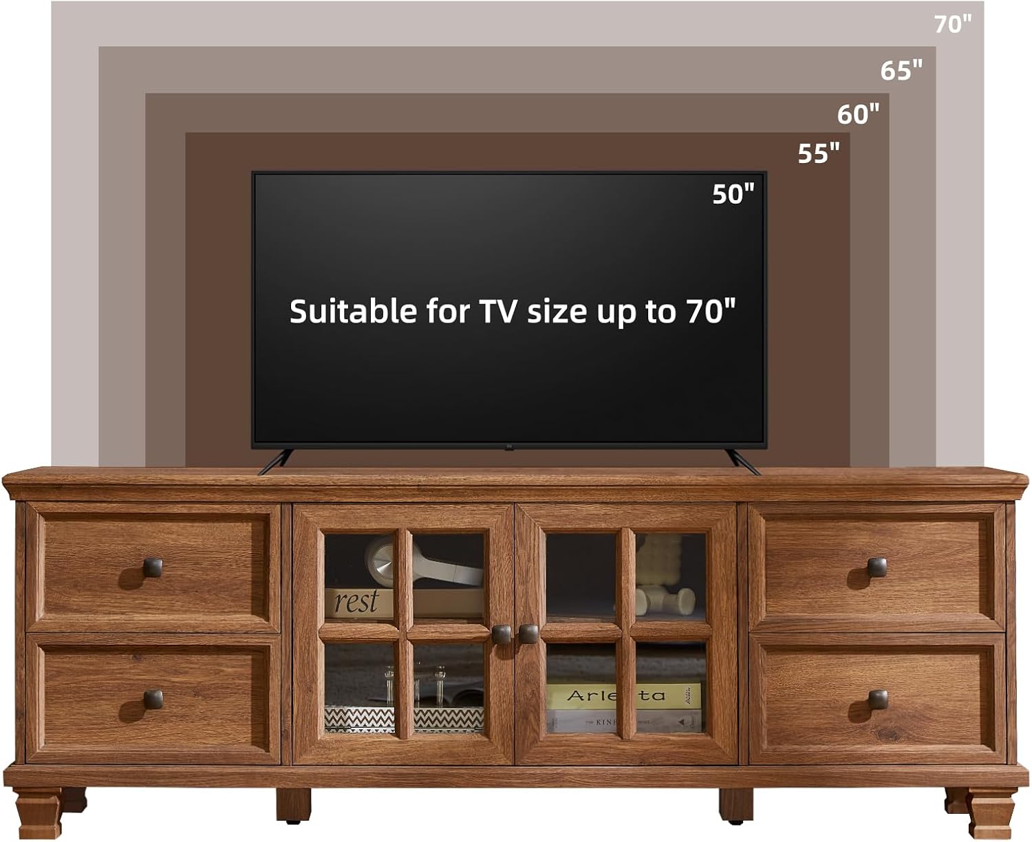 Farmhouse TV Stands for Living Room, Brown | Heavy-Duty Rustic Entertainment Center with 4 Drawers & Thickened Top & Square Wooden Legs for 65 Inch TV