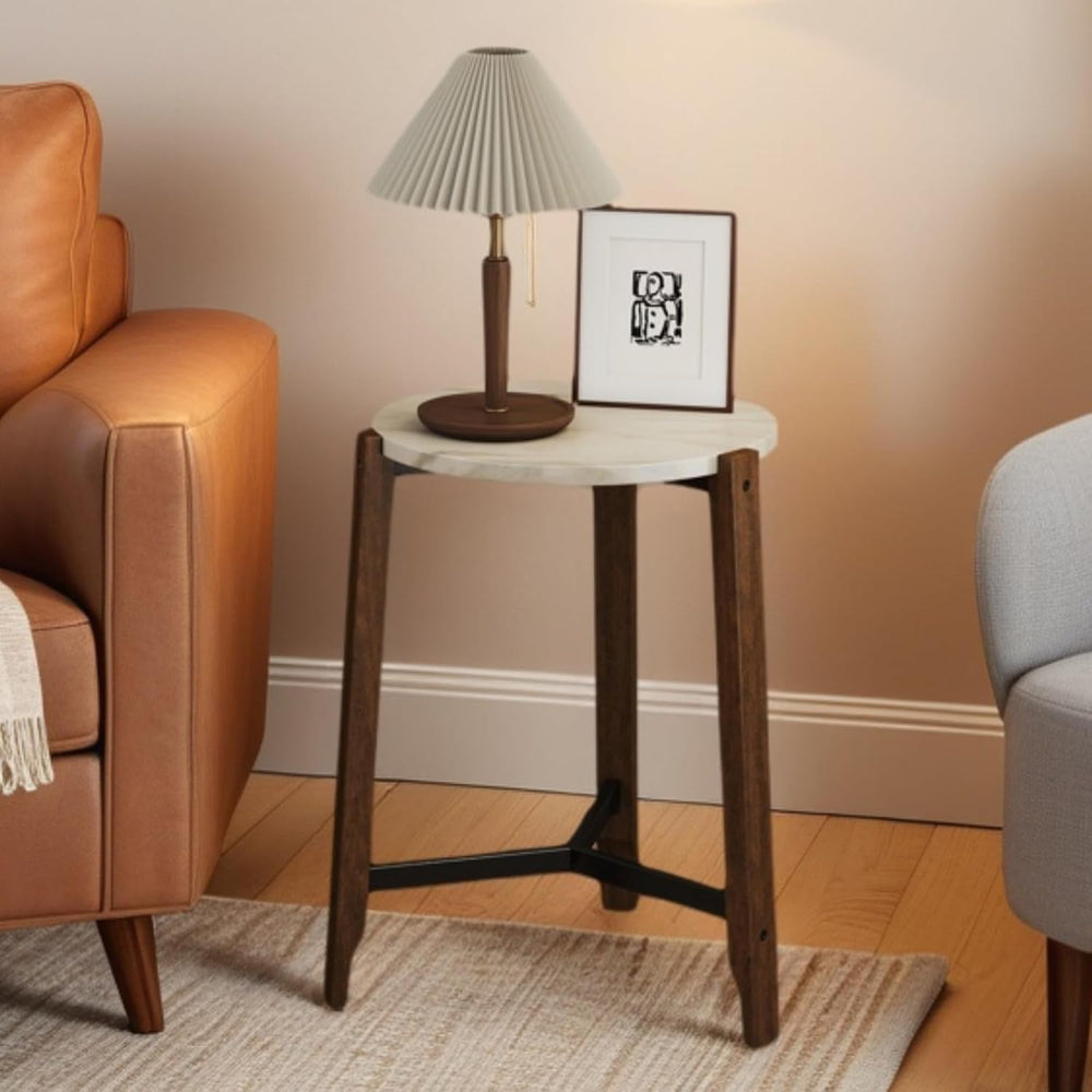 CIMOTA Round Side Table, 22.5" End Accent Table with Solid Wood Leg, Whi...