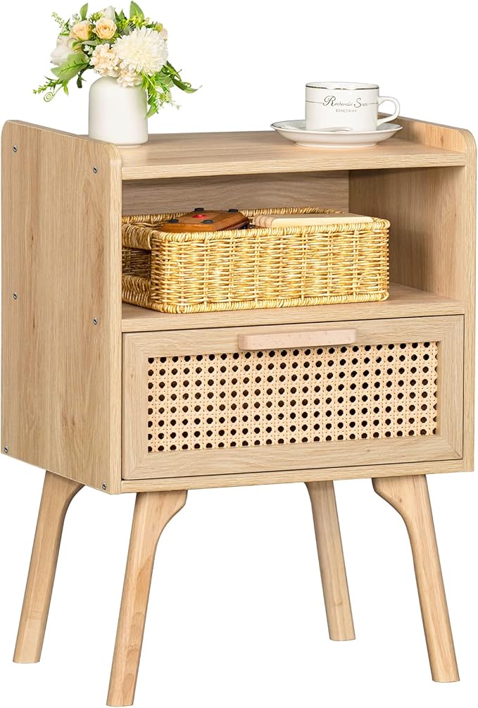 Lerliuo Rattan Nightstand, Boho Side Table with Drawer Open Shelf, Cane Accen...