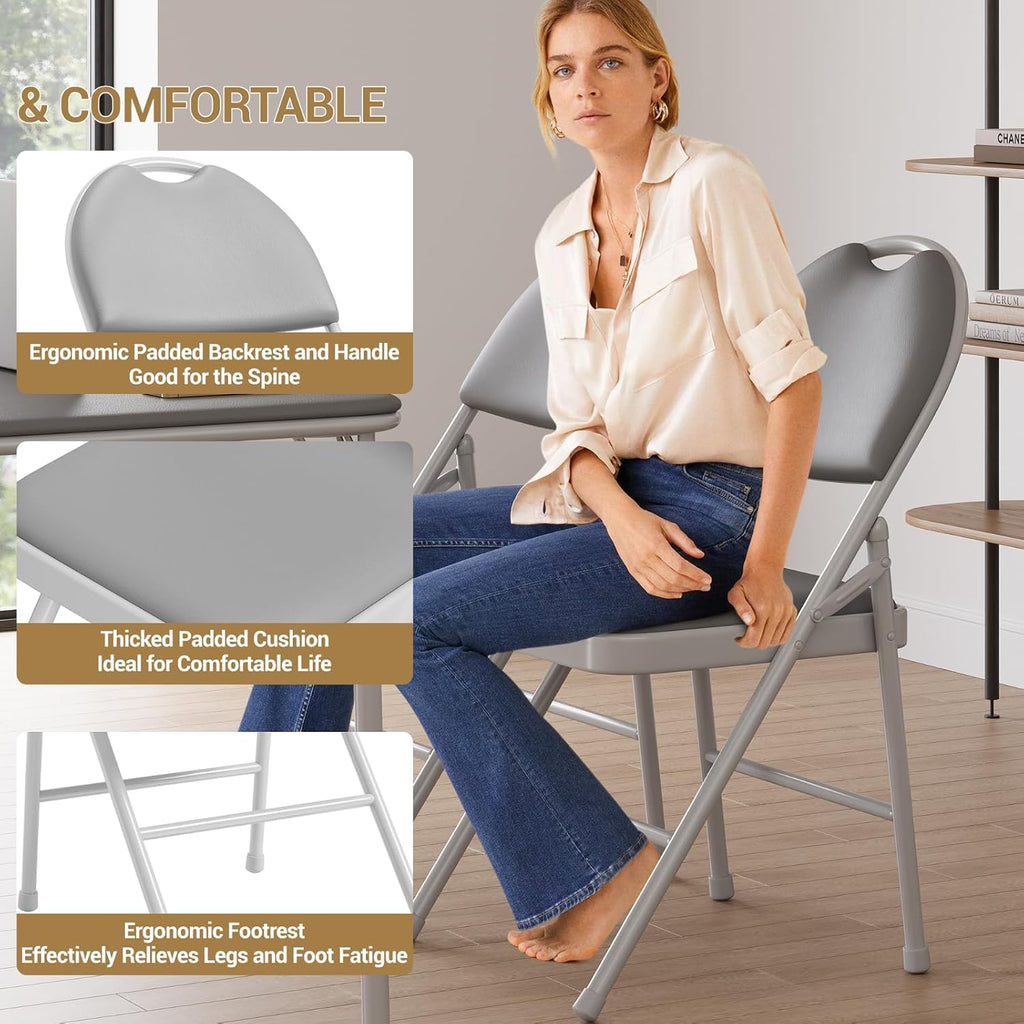 IDEALHOUSE 4 Pack Folding Chairs with PU Leather Padded Cushion, 350Lbs Capacity, Lightweight Ergonomic Design, Metal Frame, Indoor Outdoor Portable Stackable Seats for Home Office Party Events, Gray