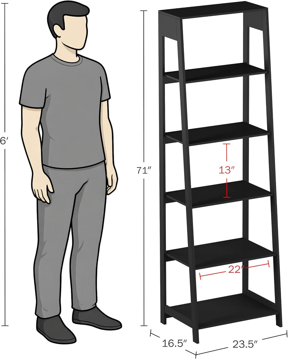 Lavish Home 5-Tier Ladder Bookshelf - Modern Freestanding Wooden Bookcase wit...